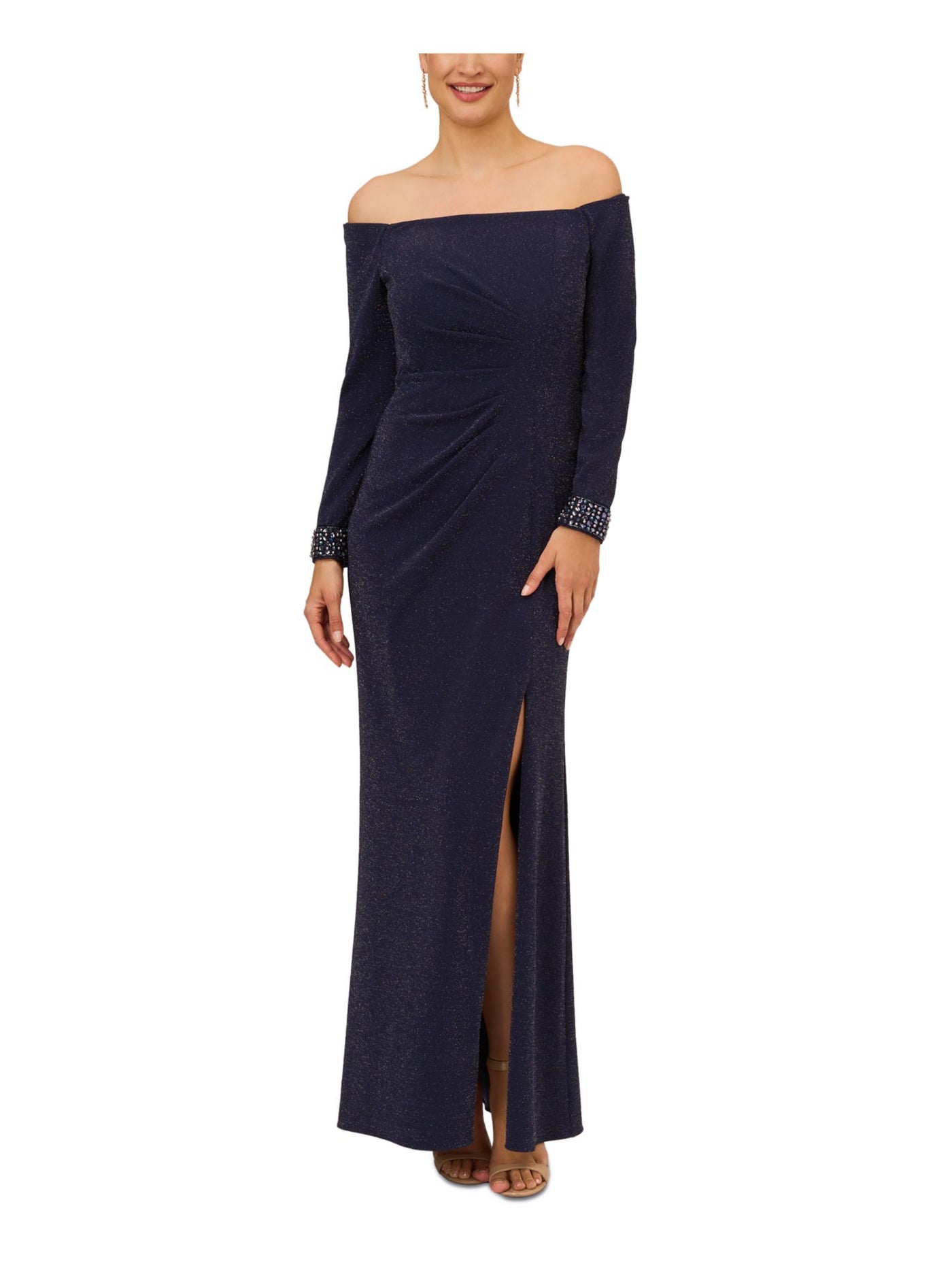 ADRIANNA PAPELL Womens Navy Zippered Pleated Beaded Cuffs Slitted Lined Long Sleeve Off Shoulder Full-Length Formal Gown Dress 16