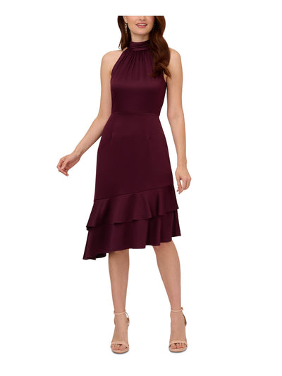 ADRIANNA PAPELL Womens Purple Ruched Zippered Double Ruffled Asymmetric Hem Sleeveless Halter Below The Knee Party Fit + Flare Dress 14