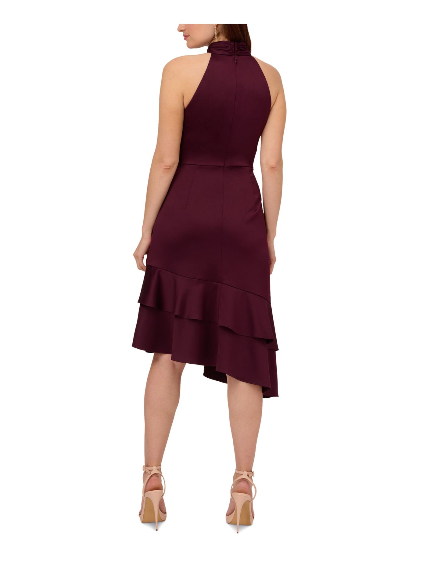 ADRIANNA PAPELL Womens Purple Ruched Zippered Double Ruffled Asymmetric Hem Sleeveless Halter Below The Knee Party Fit + Flare Dress 14