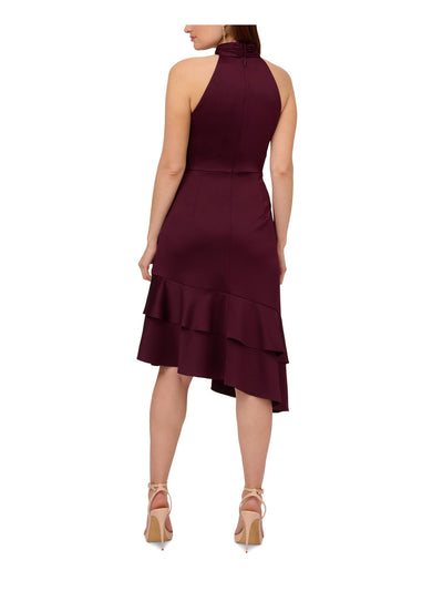 ADRIANNA PAPELL Womens Purple Ruched Zippered Double Ruffled Asymmetric Hem Sleeveless Halter Below The Knee Party Fit + Flare Dress 6