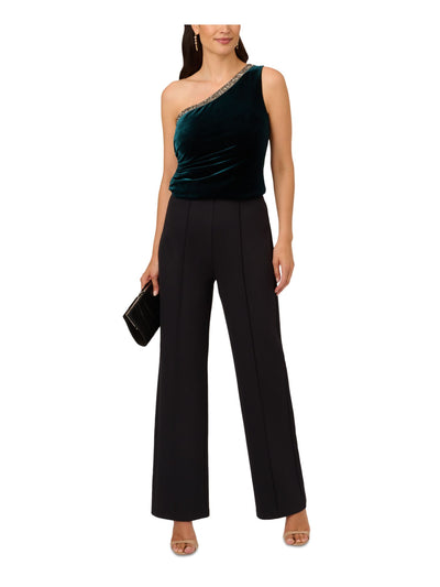 ADRIANNA PAPELL Womens Green Zippered Rhinestone Ruched Sleeveless Asymmetrical Neckline Party Top 4