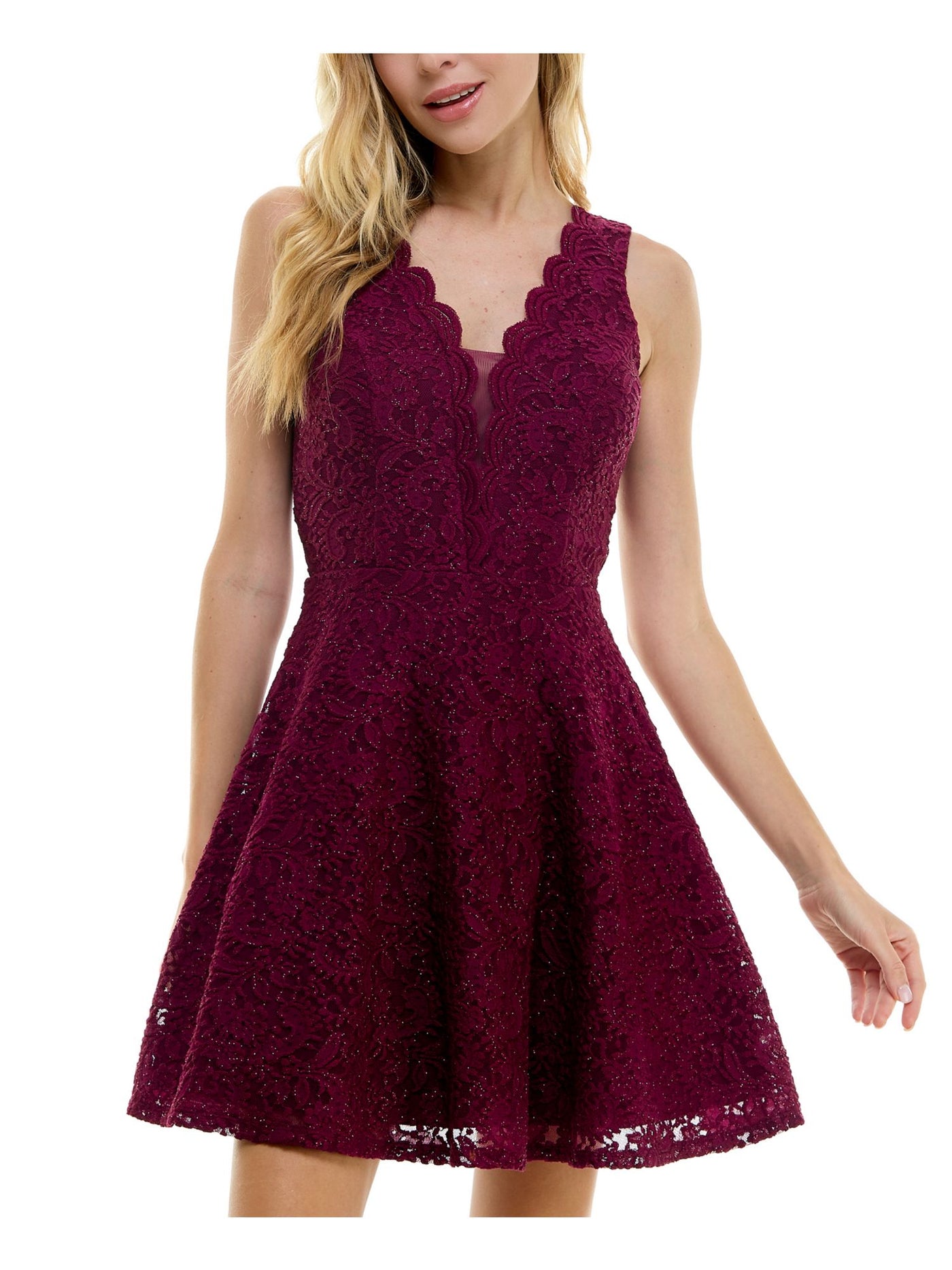CITY STUDIO Womens Burgundy Zippered Lined Mesh Inset Padded Cups Sleeveless V Neck Short Party Fit + Flare Dress Juniors 3