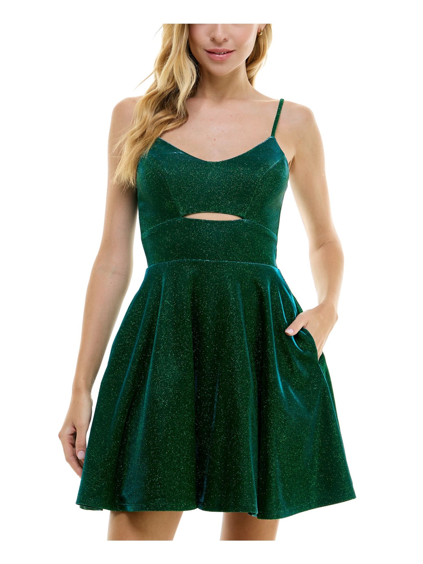 CITY STUDIO Womens Green Cut Out Zippered Pocketed Padded Bust Lined Spaghetti Strap Scoop Neck Short Party Fit + Flare Dress Juniors 3