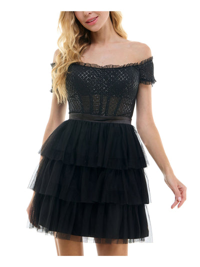 CITY STUDIO Womens Black Ruffled Zippered Layered Sheer Rib Cage Glitter Short Sleeve Off Shoulder Short Formal Fit + Flare Dress Juniors 5\6