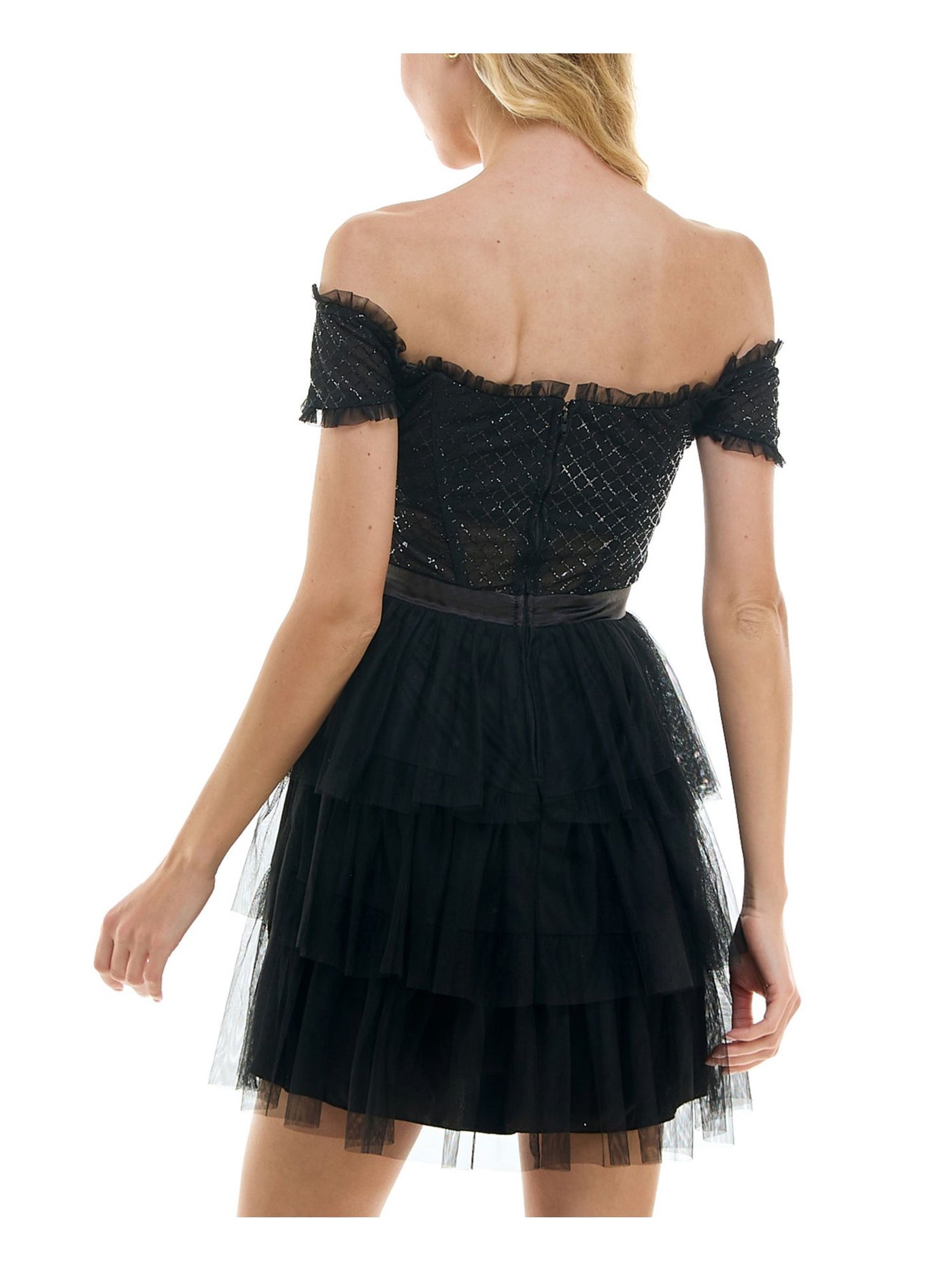 CITY STUDIO Womens Black Ruffled Zippered Layered Sheer Rib Cage Glitter Short Sleeve Off Shoulder Short Formal Fit + Flare Dress Juniors 5\6