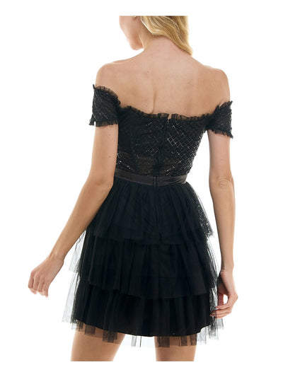 CITY STUDIO Womens Black Ruffled Zippered Layered Sheer Rib Cage Glitter Short Sleeve Off Shoulder Short Formal Fit + Flare Dress Juniors 5\6