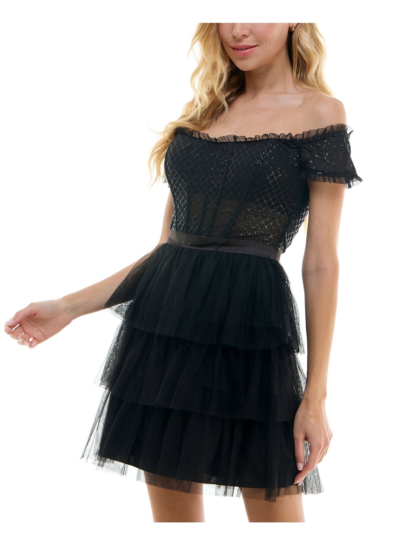 CITY STUDIO Womens Black Ruffled Zippered Layered Sheer Rib Cage Glitter Short Sleeve Off Shoulder Short Formal Fit + Flare Dress Juniors 9\10