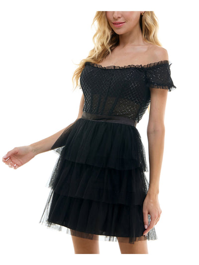 CITY STUDIO Womens Black Ruffled Zippered Layered Sheer Rib Cage Glitter Short Sleeve Off Shoulder Short Formal Fit + Flare Dress Juniors 9\10