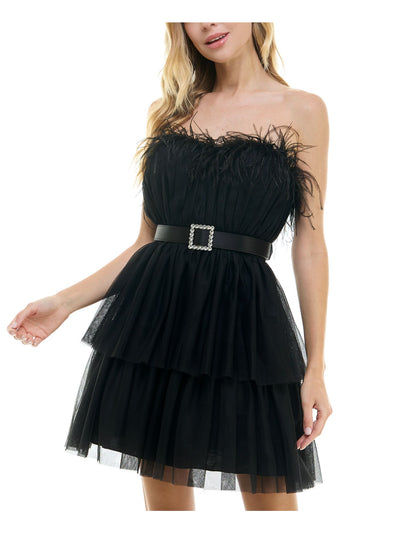 CITY STUDIO Womens Black Zippered Lined Feathered Ruffled Layers Belted Strapless Short Party Fit + Flare Dress Juniors 13\14