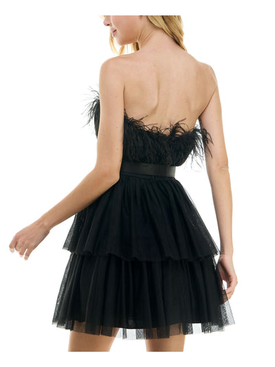CITY STUDIO Womens Black Zippered Lined Feathered Ruffled Layers Belted Strapless Short Party Fit + Flare Dress Juniors 13\14