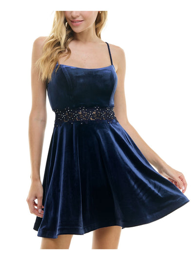 CITY STUDIO Womens Navy Zippered Embellished Illusion Applique Waist Spaghetti Strap Scoop Neck Short Party Fit + Flare Dress Juniors 9\10