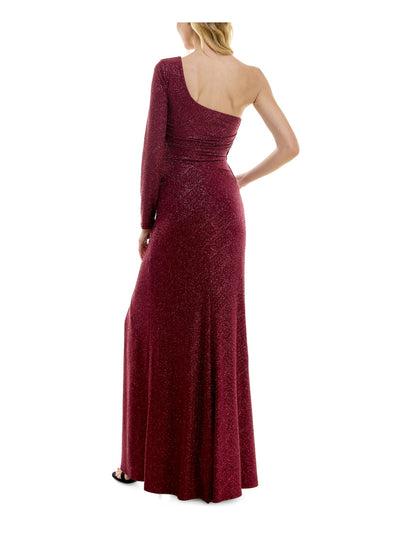 CITY STUDIO Womens Burgundy Ruched Zippered High Slit Lined Long Sleeve Asymmetrical Neckline Full-Length Formal Gown Dress Juniors 1\2