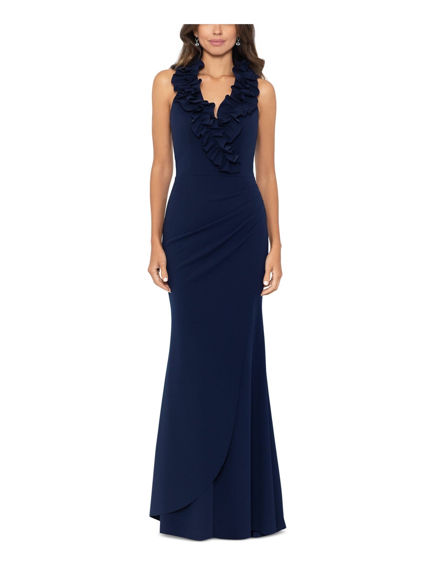 XSCAPE Womens Navy Ruffled Zippered Ruched Faux-wrap Skirt Lined Sleeveless V Neck Full-Length Evening Gown Dress 4