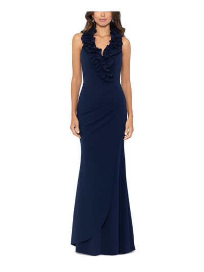 XSCAPE Womens Navy Ruffled Zippered Ruched Faux-wrap Skirt Lined Sleeveless V Neck Full-Length Evening Gown Dress 4