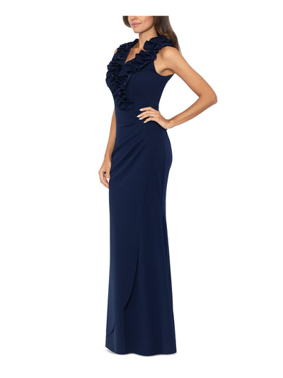 XSCAPE Womens Navy Ruffled Zippered Ruched Faux-wrap Skirt Lined Sleeveless V Neck Full-Length Evening Gown Dress 14