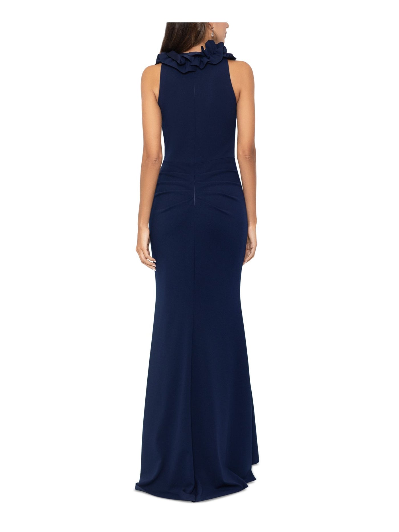 XSCAPE Womens Navy Ruffled Zippered Ruched Faux-wrap Skirt Lined Sleeveless V Neck Full-Length Evening Gown Dress 14