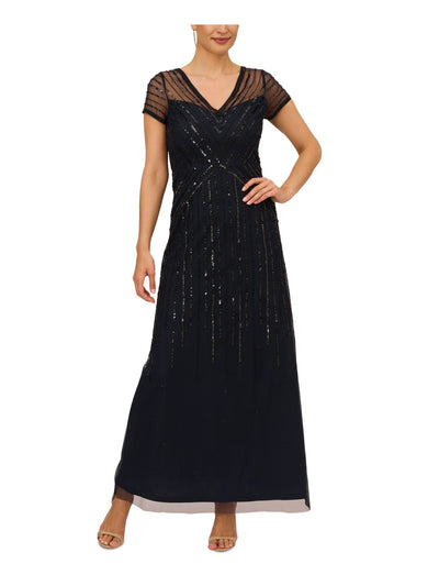 PAPELL STUDIO Womens Navy Embellished Zippered Lined Sheer Short Sleeve V Neck Maxi Evening Shift Dress 4