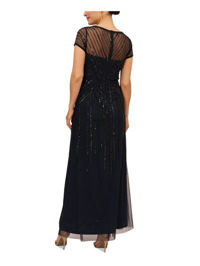 PAPELL STUDIO Womens Navy Embellished Zippered Lined Sheer Short Sleeve V Neck Maxi Evening Shift Dress 4