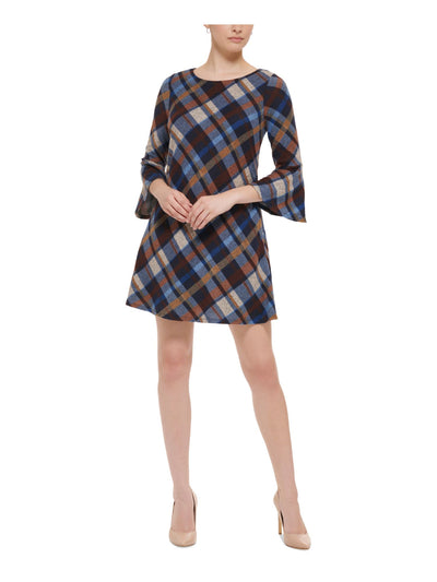 JESSICA HOWARD Womens Navy Lined Keyhole Back Plaid Bell Sleeve Round Neck Short Party Shift Dress Petites PM