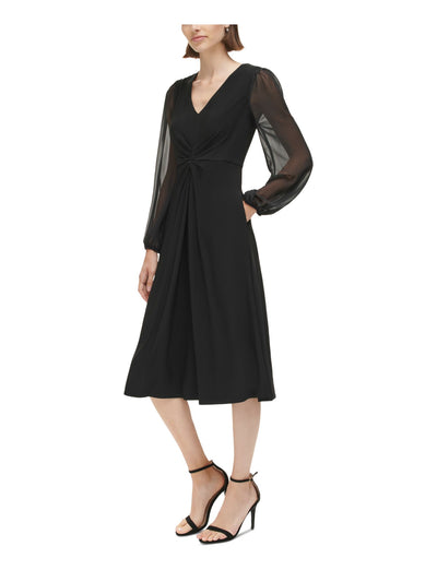 JESSICA HOWARD Womens Black Zippered Gathered Sheer Sleeves Lined Balloon Sleeve V Neck Midi Fit + Flare Dress Petites 10P