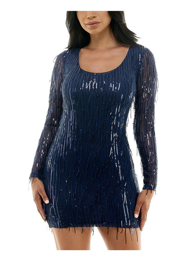 CITY STUDIO Womens Navy Zippered Lined Dangling Sequins Long Sleeve Scoop Neck Mini Party Body Con Dress Juniors 5\6