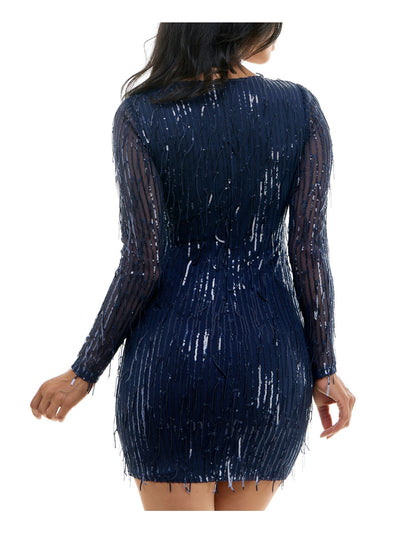 CITY STUDIO Womens Navy Zippered Lined Dangling Sequins Long Sleeve Scoop Neck Mini Party Body Con Dress Juniors 5\6
