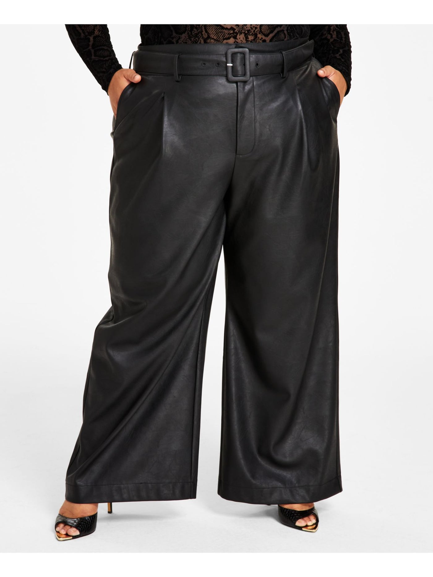 NINA PARKER Womens Black Faux Leather Pocketed Zippered Belted With Loops Bar And Hook C Wide Leg Pants Plus 14W