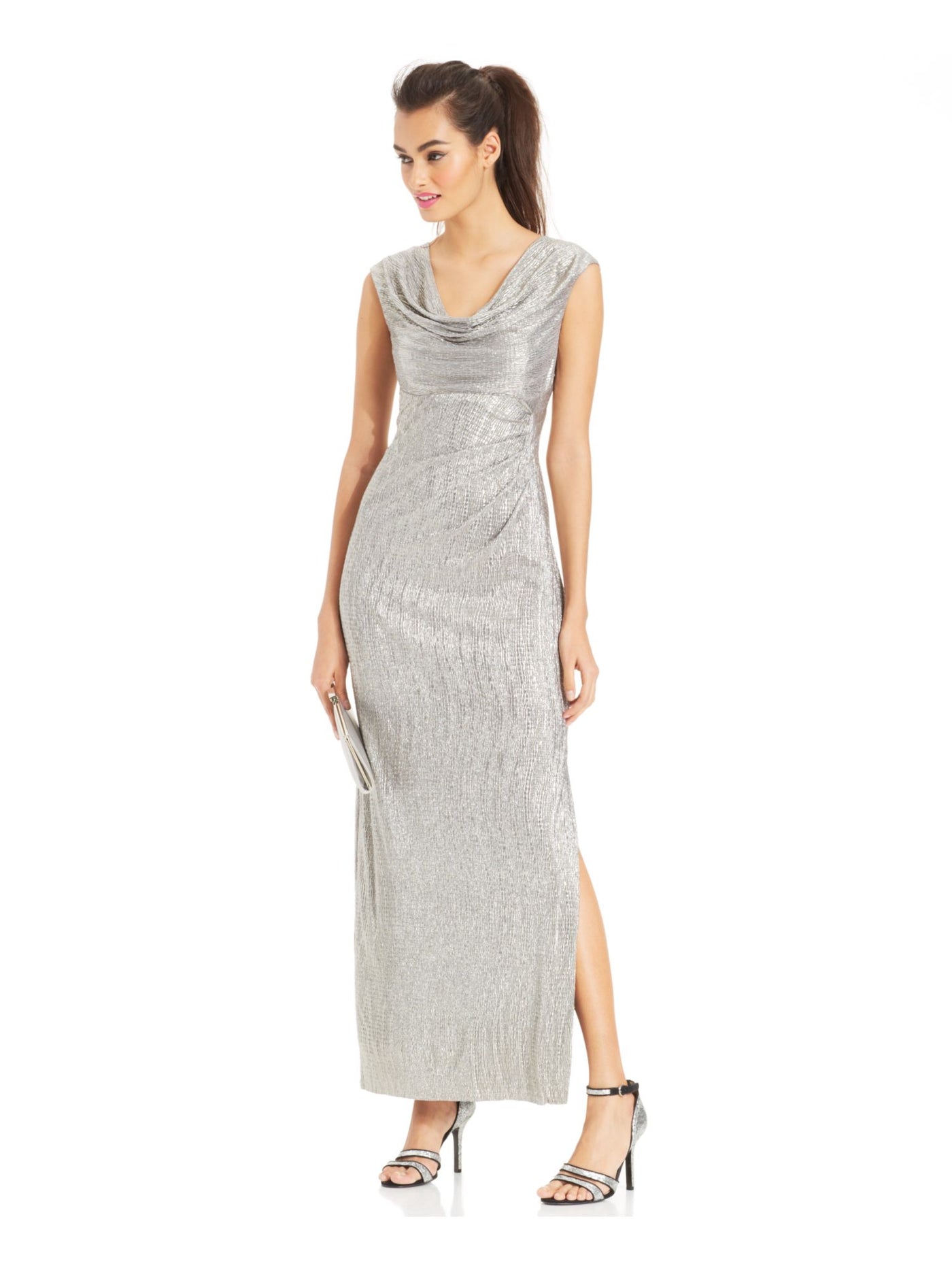 CONNECTED APPAREL Womens Silver Textured Slitted Metallic Gown Sleeveless Cowl Neck Maxi Evening Sheath Dress Petites 6P