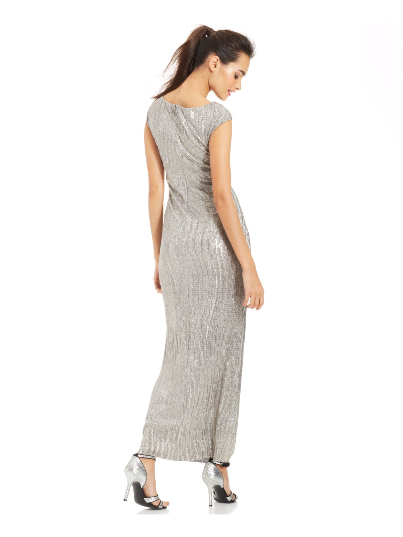 CONNECTED APPAREL Womens Silver Textured Slitted Metallic Gown Sleeveless Cowl Neck Maxi Evening Sheath Dress Petites 6P