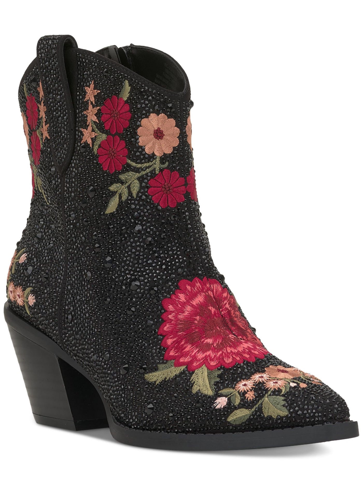 INC Womens Black Pull-Tab Padded Rhinestone Embroidered Jersey Pointed Toe Flare Zip-Up Western Boot 5.5 M