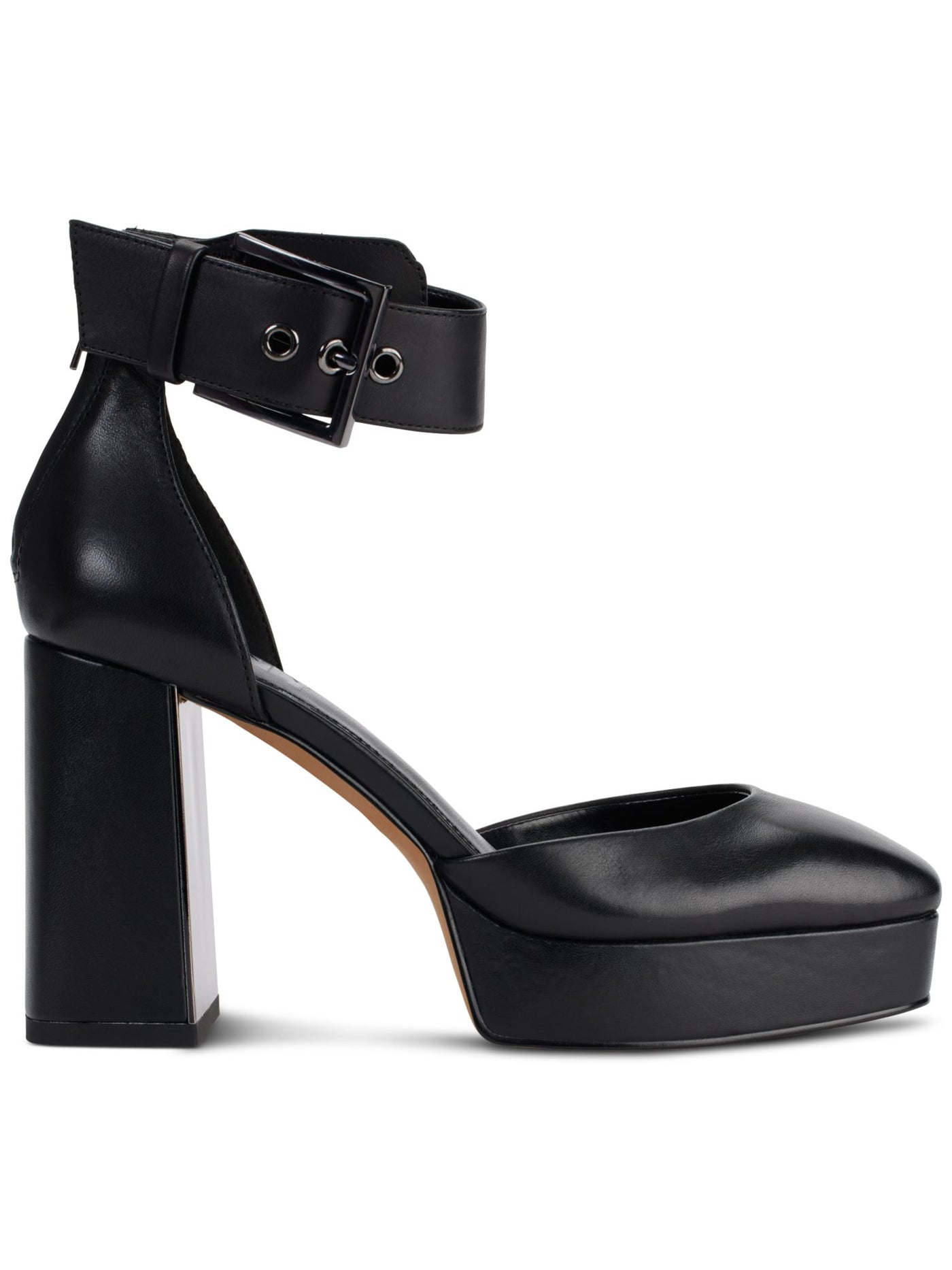 DKNY Womens Black 1" Platform Ankle Strap Padded Barra Square Toe Block Heel Buckle Leather Pumps Shoes 7 M