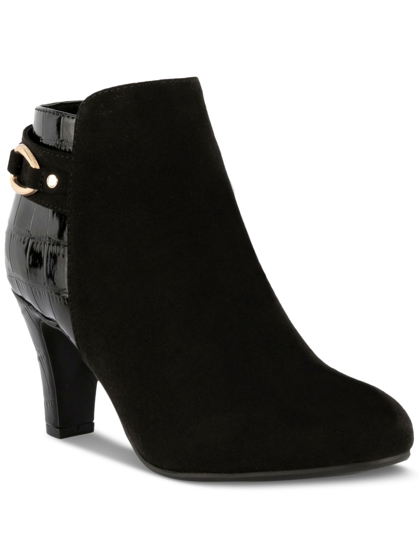KAREN SCOTT Womens Black Mixed Media Croc-Embossed Back Hardware Trimmed Strap Padded Koraa Almond Toe Block Heel Zip-Up Leather Dress Booties 8