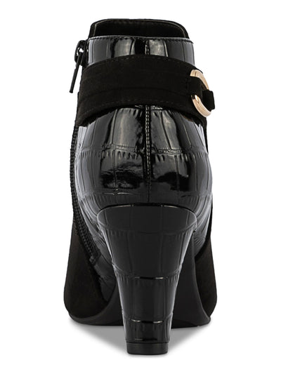 KAREN SCOTT Womens Black Mixed Media Croc-Embossed Back Hardware Trimmed Strap Padded Koraa Almond Toe Block Heel Zip-Up Dress Booties 6.5 M