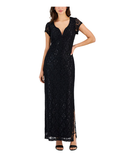 CONNECTED APPAREL Womens Black Lace Sequined Lined Slitted Pull Over Style Short Sleeve Split Maxi Evening Sheath Dress 8