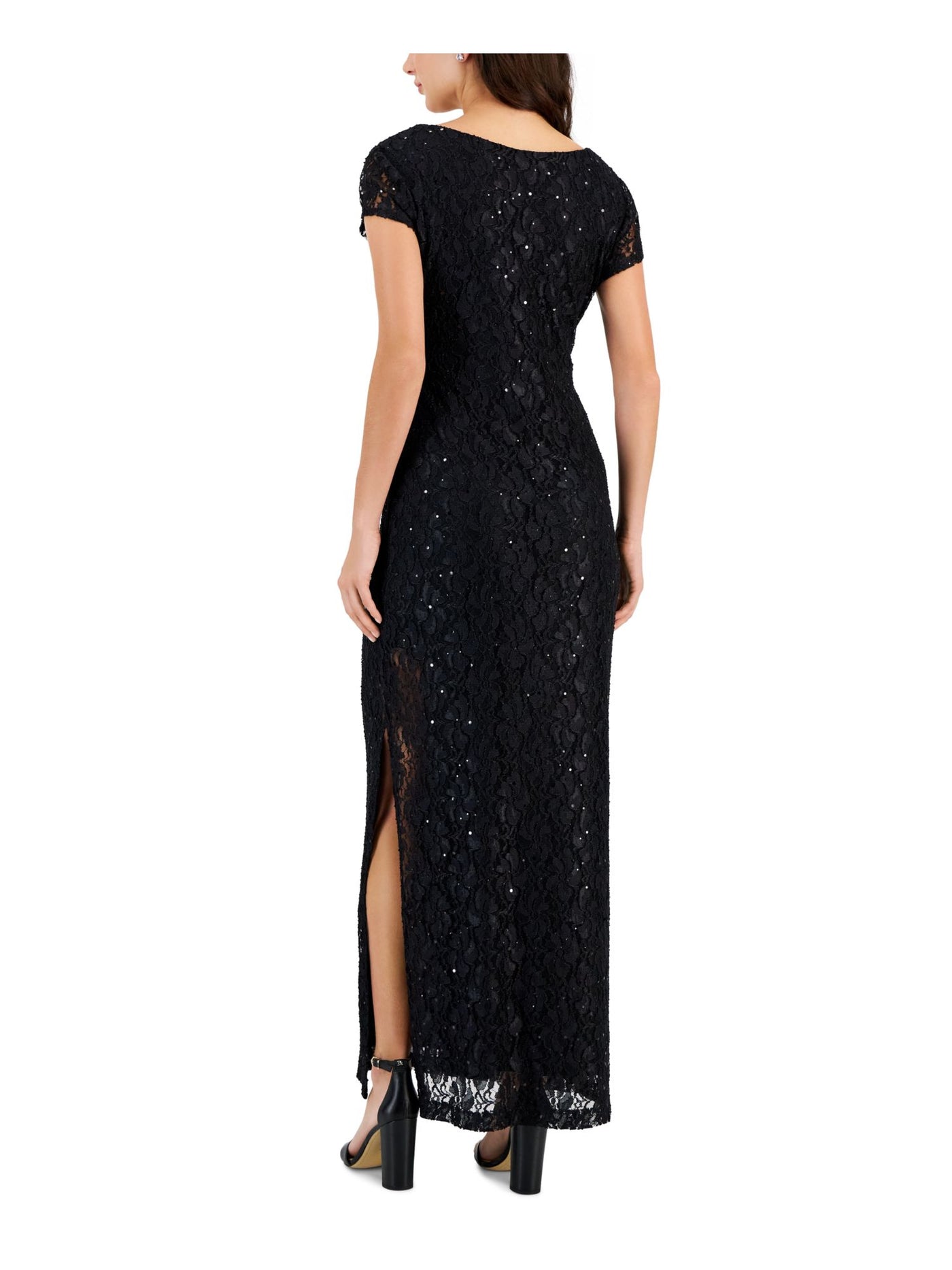 CONNECTED APPAREL Womens Black Lace Sequined Lined Slitted Pull Over Style Short Sleeve Split Maxi Evening Sheath Dress 8