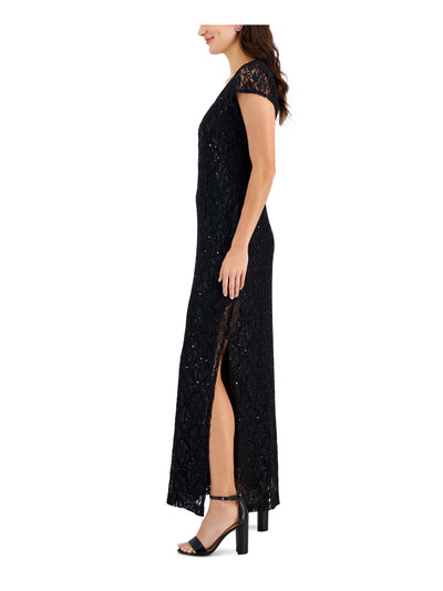 CONNECTED APPAREL Womens Black Lace Sequined Lined Slitted Pull Over Style Short Sleeve Split Maxi Evening Sheath Dress 8