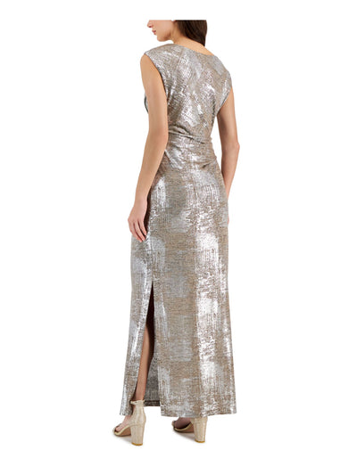 CONNECTED APPAREL Womens Beige Slitted Lined Draped Waist Pullover Sleeveless Cowl Neck Maxi Party Sheath Dress 10