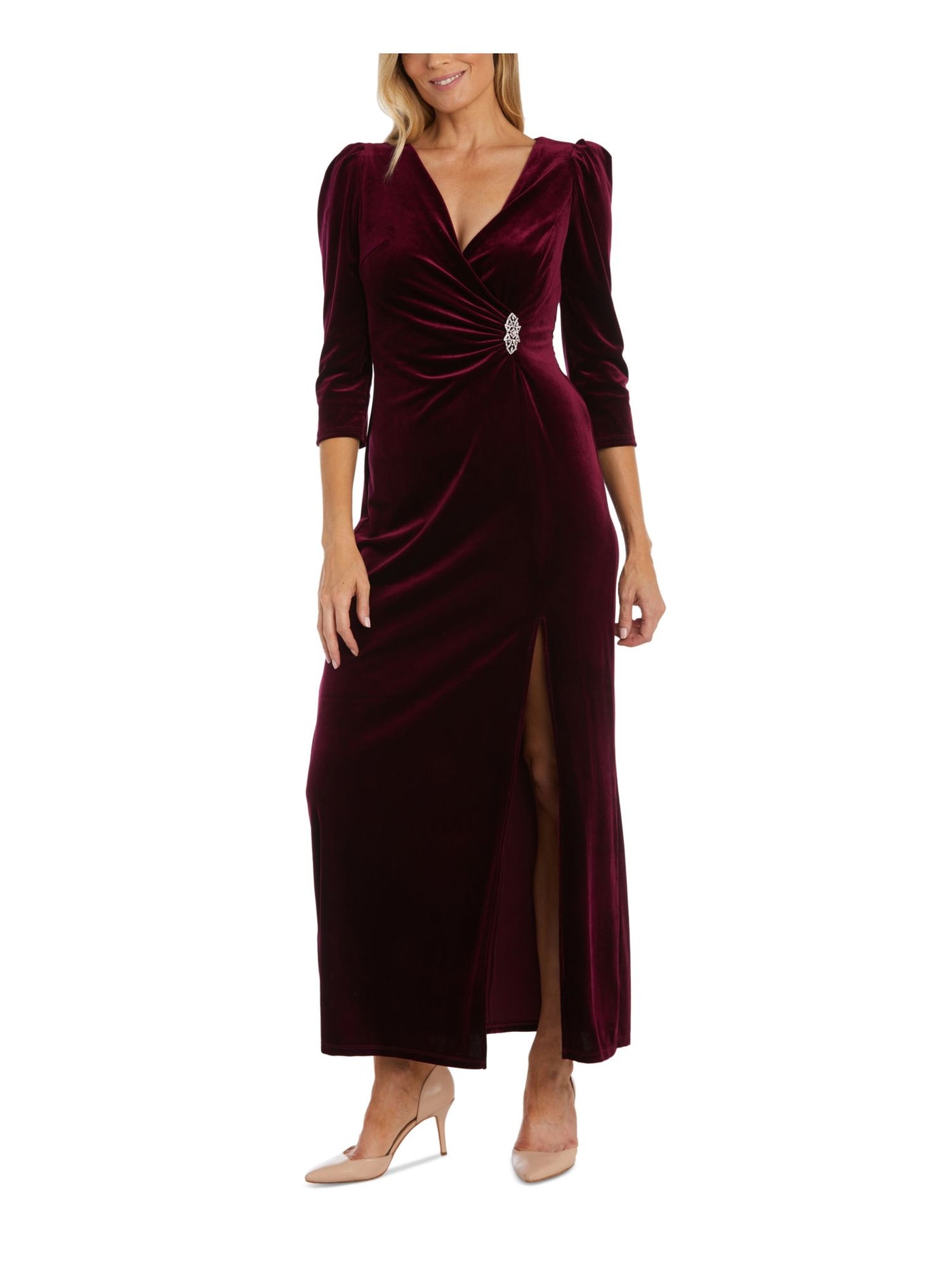 R&M RICHARDS Womens Burgundy Ruched Zippered Thigh-high Slit Lined 3/4 Sleeve Surplice Neckline Full-Length Formal Gown Dress 12