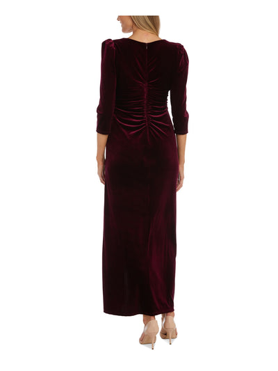 R&M RICHARDS Womens Burgundy Ruched Zippered Thigh-high Slit Lined 3/4 Sleeve Surplice Neckline Full-Length Formal Gown Dress 12