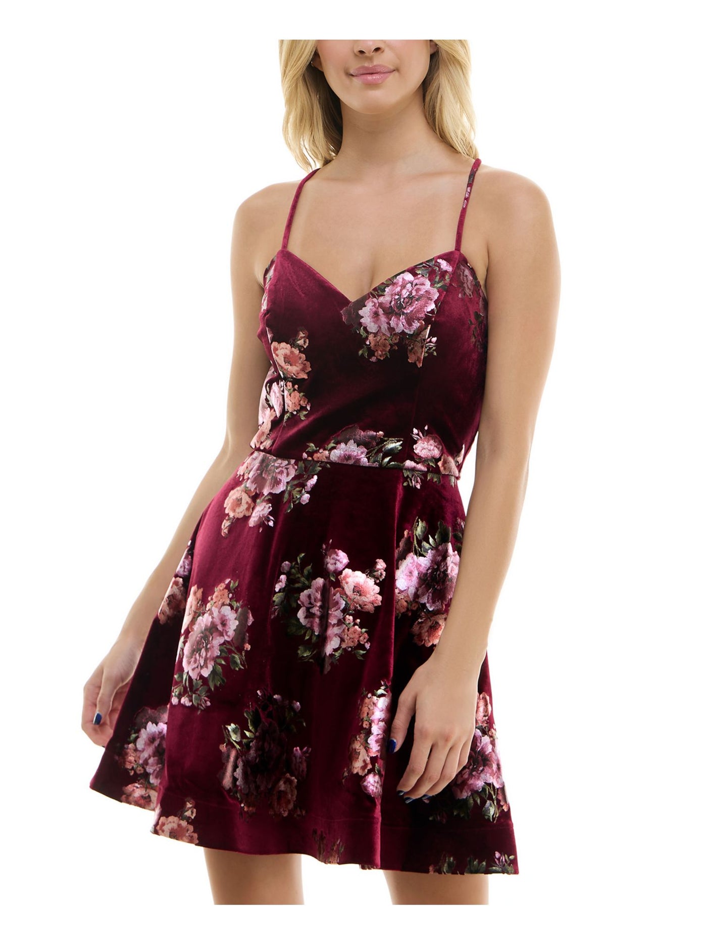 BCX DRESS Womens Burgundy Open Back Lined Crisscross Straps Pullover Floral Spaghetti Strap V Neck Above The Knee Party Fit + Flare Dress Juniors M