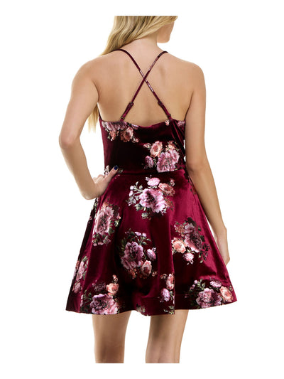 BCX DRESS Womens Burgundy Open Back Lined Crisscross Straps Pullover Floral Spaghetti Strap V Neck Above The Knee Party Fit + Flare Dress Juniors M