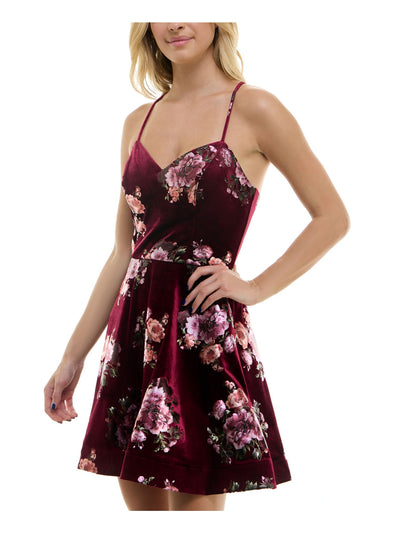 BCX DRESS Womens Burgundy Open Back Lined Crisscross Straps Pullover Floral Spaghetti Strap V Neck Above The Knee Party Fit + Flare Dress Juniors M