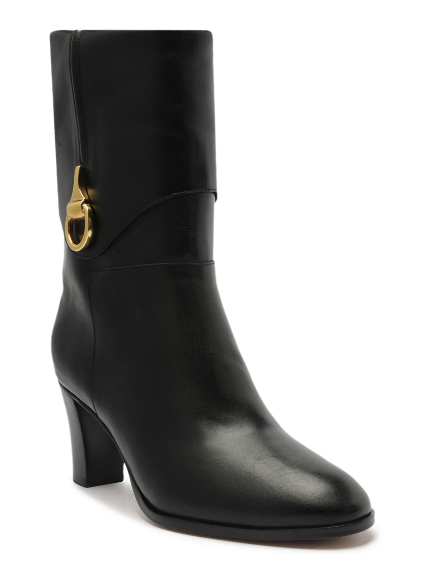 AREZZO Womens Black Gold Tone Hardware Cuffed Padded Vivian Round Toe Block Heel Leather Booties 10 B