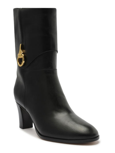 AREZZO Womens Black Gold Tone Hardware Cuffed Padded Vivian Round Toe Block Heel Leather Booties 10 B
