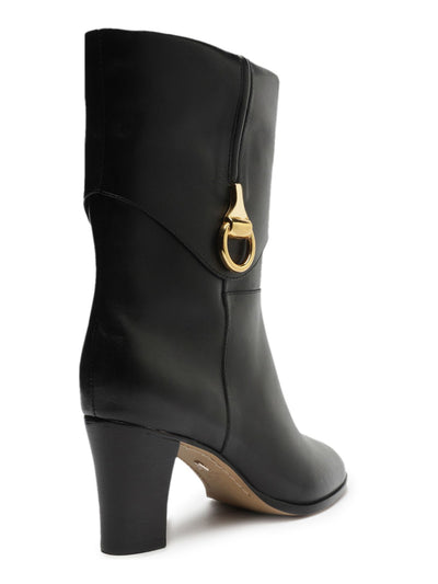 AREZZO Womens Black Gold Tone Hardware Cuffed Padded Vivian Round Toe Block Heel Leather Booties 10 B