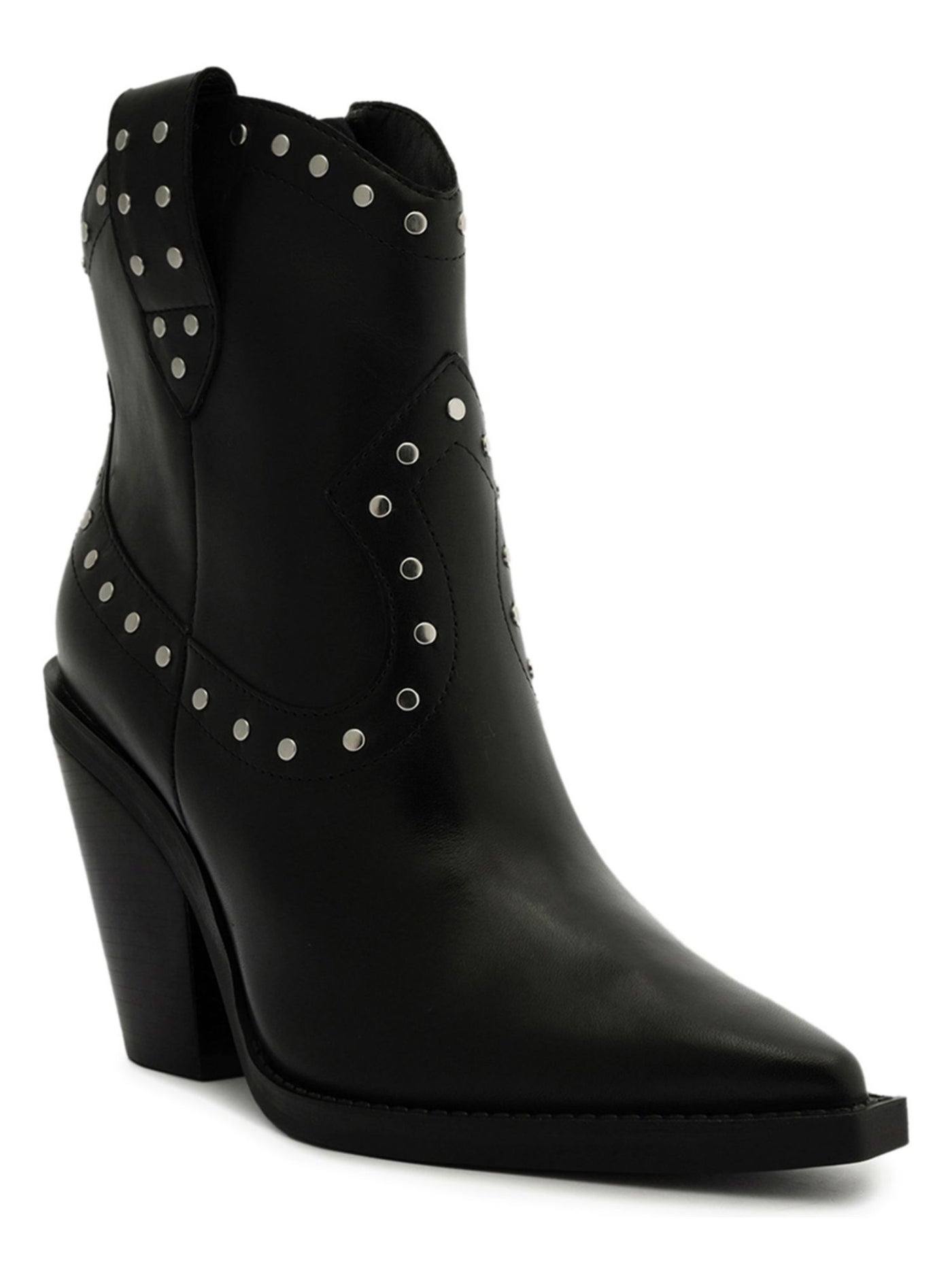AREZZO Womens Black Pull-Tab Curved Studded Padded Bota Pointed Toe Block Heel Zip-Up Leather Western Boot 7.5 B