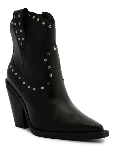 AREZZO Womens Black Pull-Tab Curved Studded Padded Bota Pointed Toe Block Heel Zip-Up Leather Western Boot 7.5 B