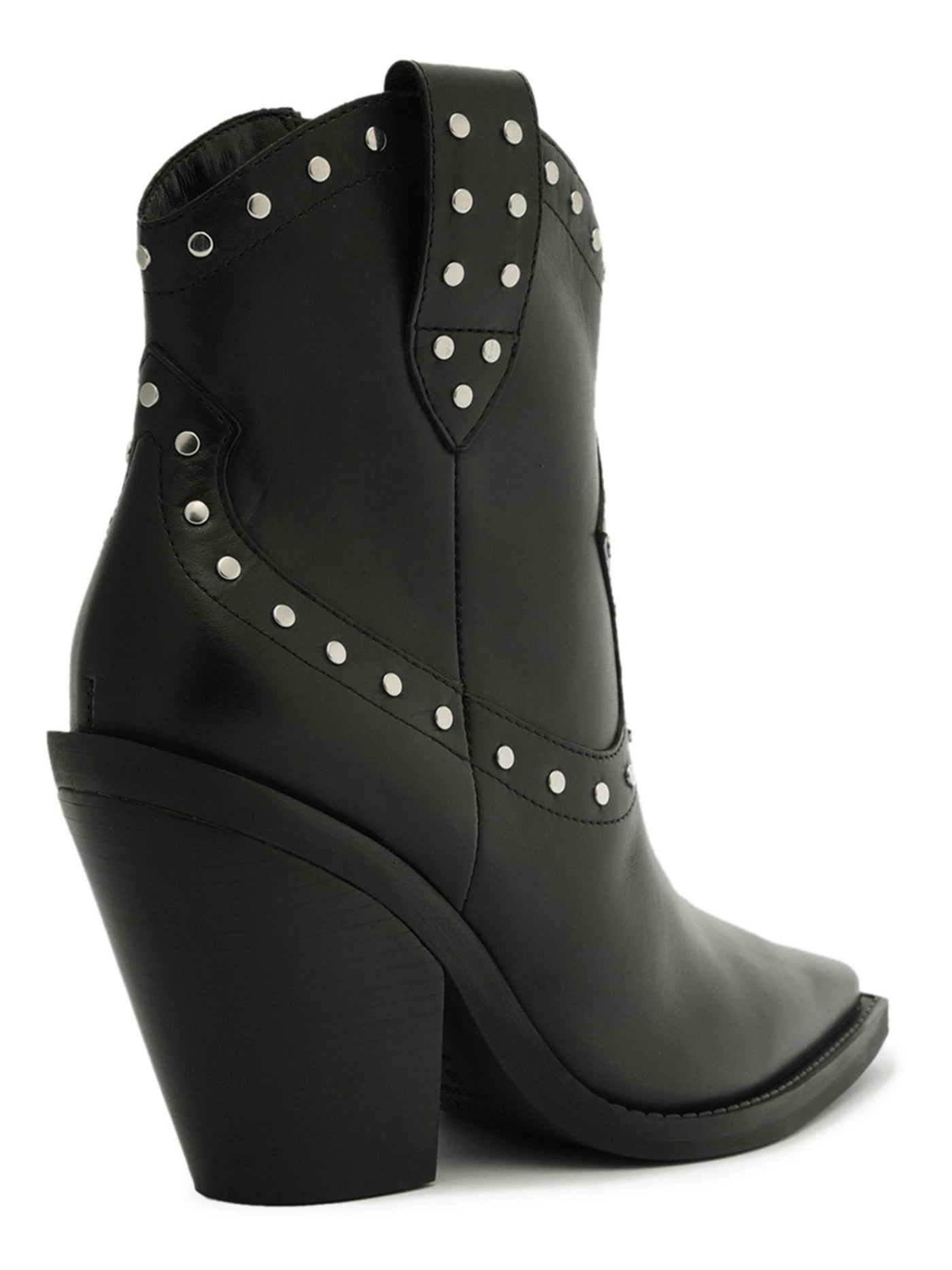 AREZZO Womens Black Pull-Tab Curved Studded Padded Bota Pointed Toe Block Heel Zip-Up Leather Western Boot 7.5 B