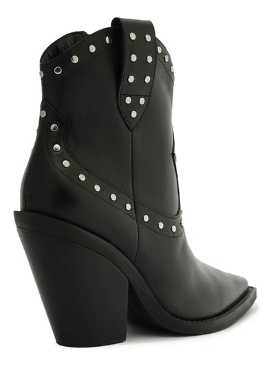 AREZZO Womens Black Pull-Tab Curved Studded Padded Bota Pointed Toe Block Heel Zip-Up Leather Western Boot 7.5 B