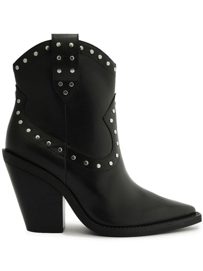AREZZO Womens Black Pull-Tab Curved Studded Padded Bota Pointed Toe Block Heel Zip-Up Leather Western Boot 7.5 B